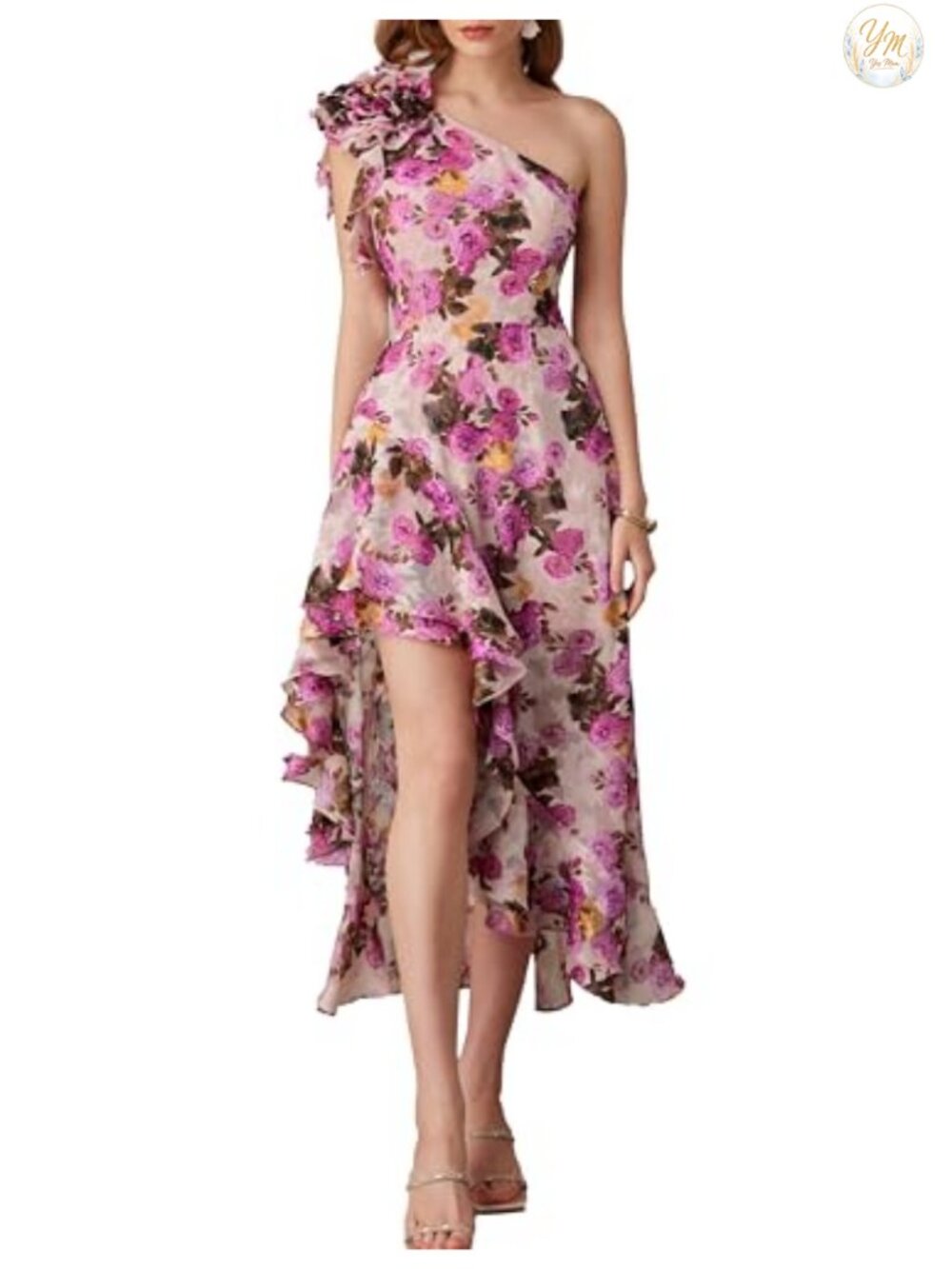 GRACE KARIN One Shoulder Floral Maxi Dress, Ruffle Sleeveless A-Line Wedding